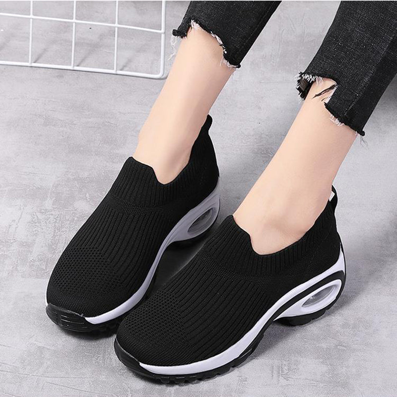 Sneakers Women Air Cushion Mesh Breathable Running Sports Shoes in black, showcasing lightweight and comfortable design.