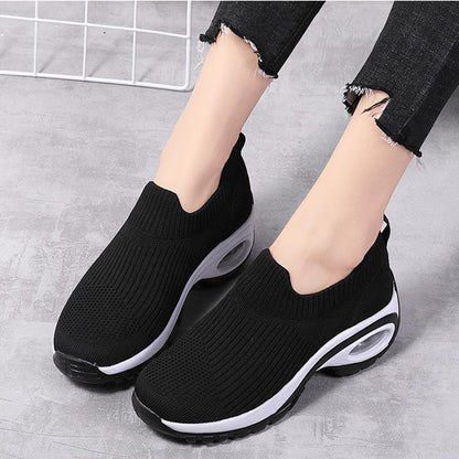 Sneakers Women Air Cushion Mesh Breathable Running Sports Shoes in black, showcasing lightweight and comfortable design.