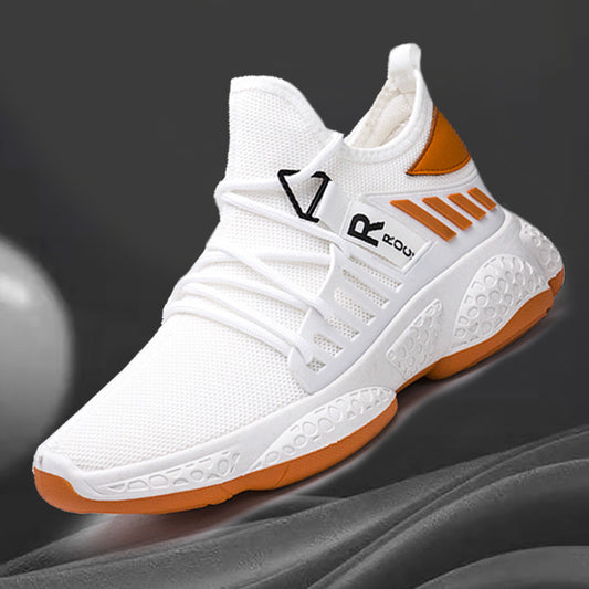 Men Sneakers Breathable Mesh Sports Shoes in white with orange accents, designed for comfort and performance.