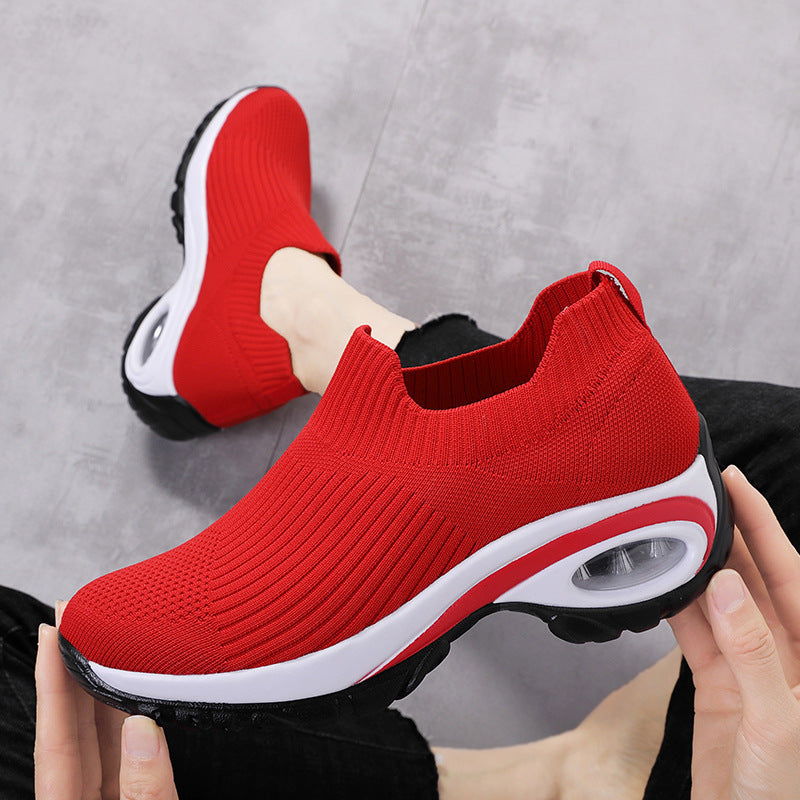 Sneakers Women Air Cushion Mesh Breathable Running Sports Shoes in red color, featuring a comfortable sock-like fit and cushioned sole.