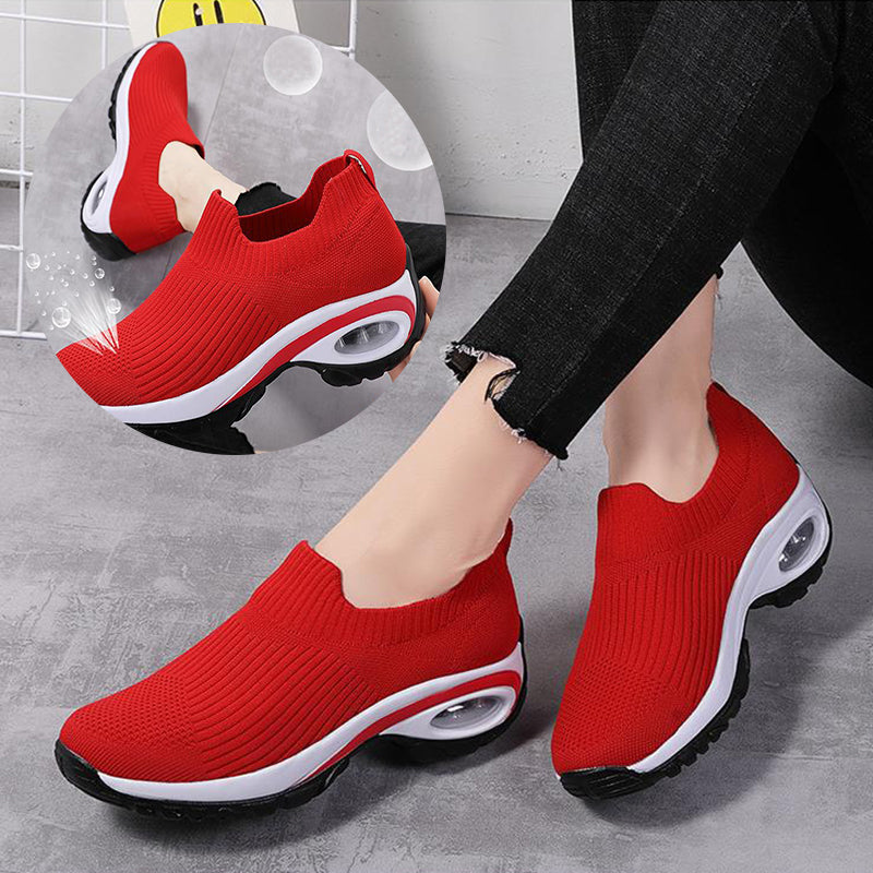 Sneakers Women Air Cushion Mesh Breathable Running Sports Shoes in red, featuring air cushion design and comfortable fit.
