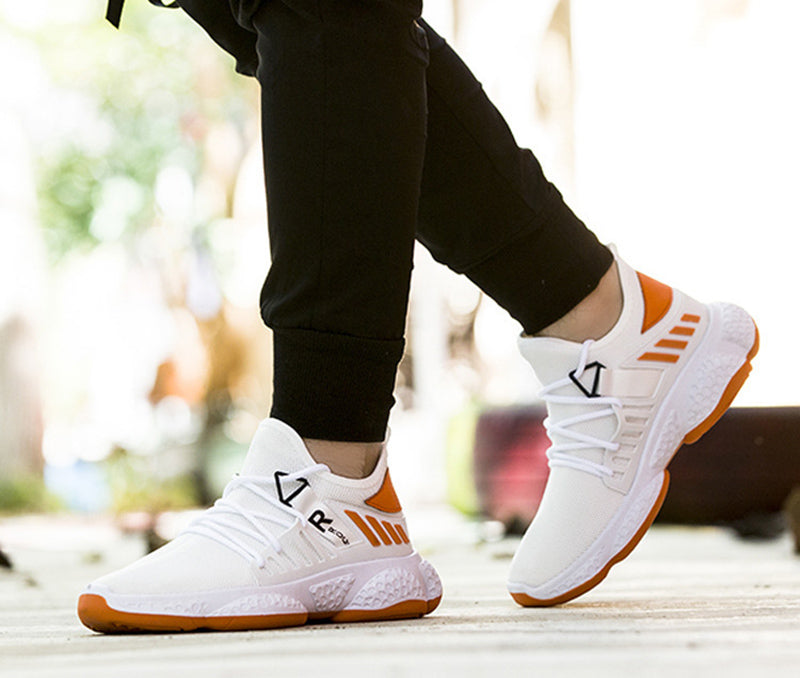 Men Sneakers Breathable Mesh Sports Shoes in white with orange accents, perfect for comfort and performance.